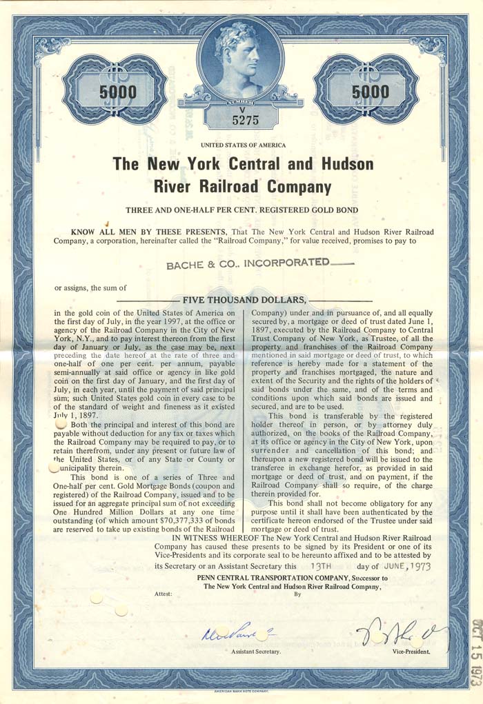 New York Central and Hudson River Railroad Co. - Various Denominations Bond